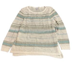 Chico's Cream and Green Crew Neck Sweater with Textured‎ Stripes Size 2XL